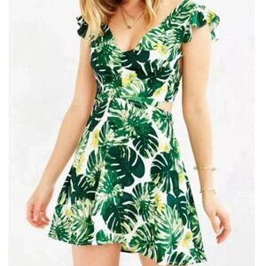 For Love & Lemons Women's Large Dress White Green Tropical Leaf Tie Back‎ Mini